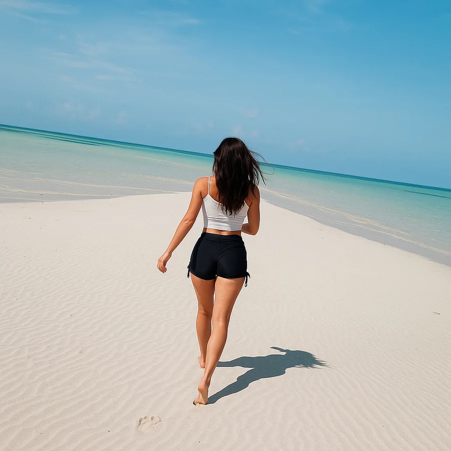 Frau in Perioden-Badeshorts LUNA geht am Strand spazieren